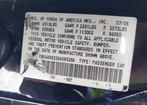 2006 Acura Tl z USA, uszkodzony, nr VIN 19UUA66226A065284